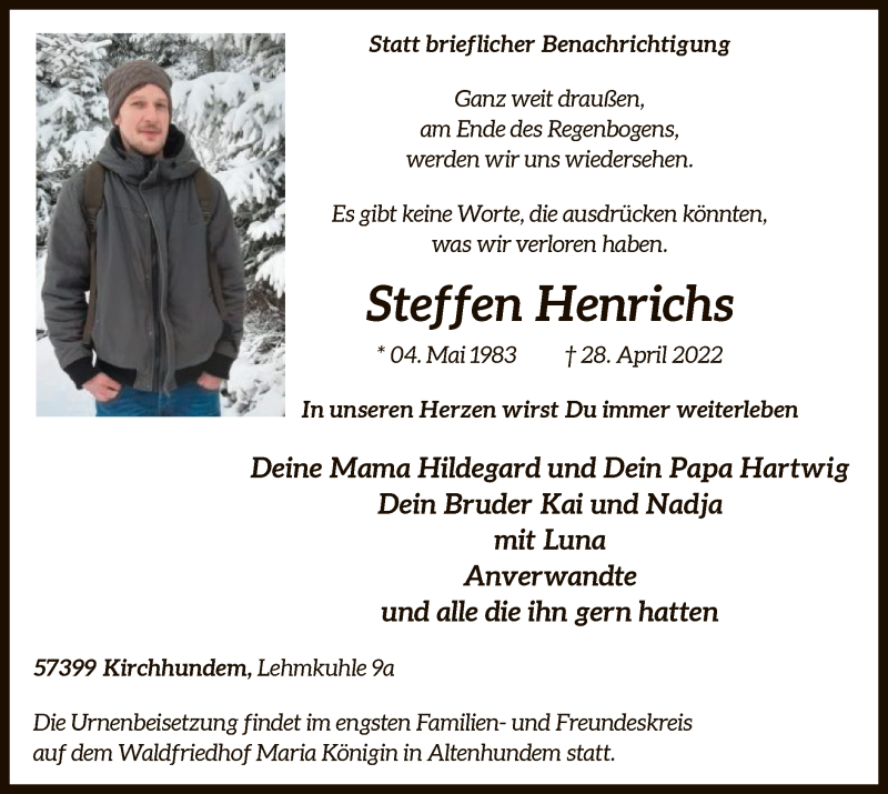  Traueranzeige für Steffen Henrichs vom 30.04.2022 aus WA