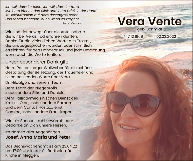  Traueranzeige für Vera Vente vom 16.04.2022 aus WA