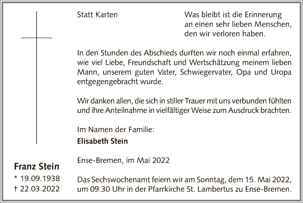  Traueranzeige für Franz Stein vom 10.05.2022 aus WA