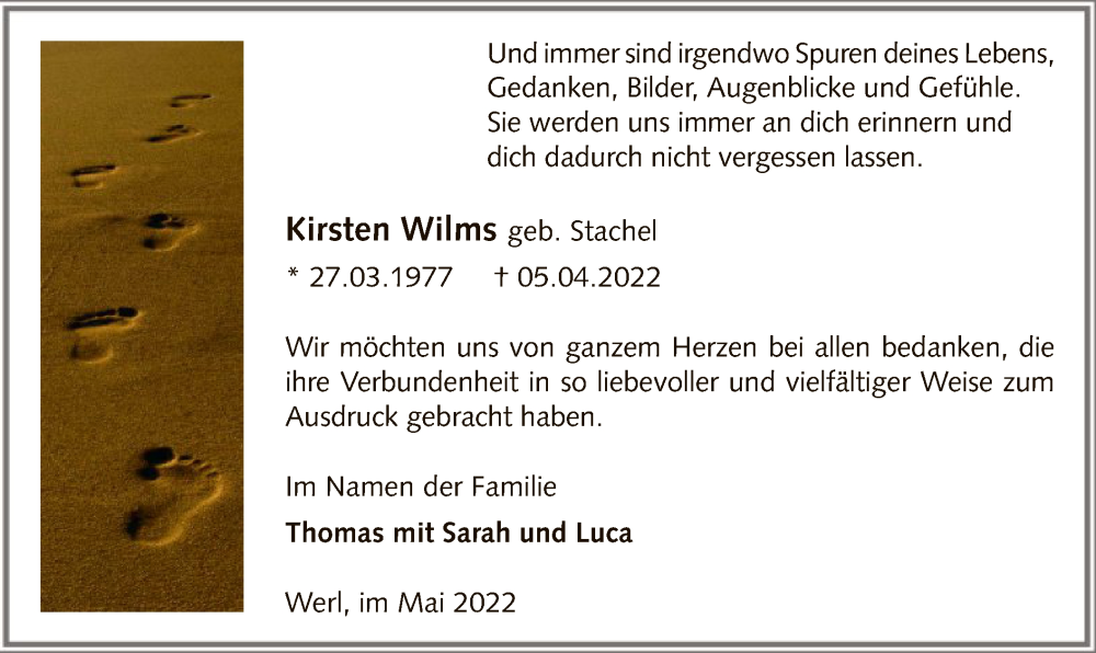  Traueranzeige für Kirsten Wilms vom 28.05.2022 aus WA