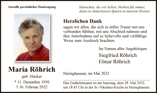 Traueranzeige von Maria Röhrich von WA