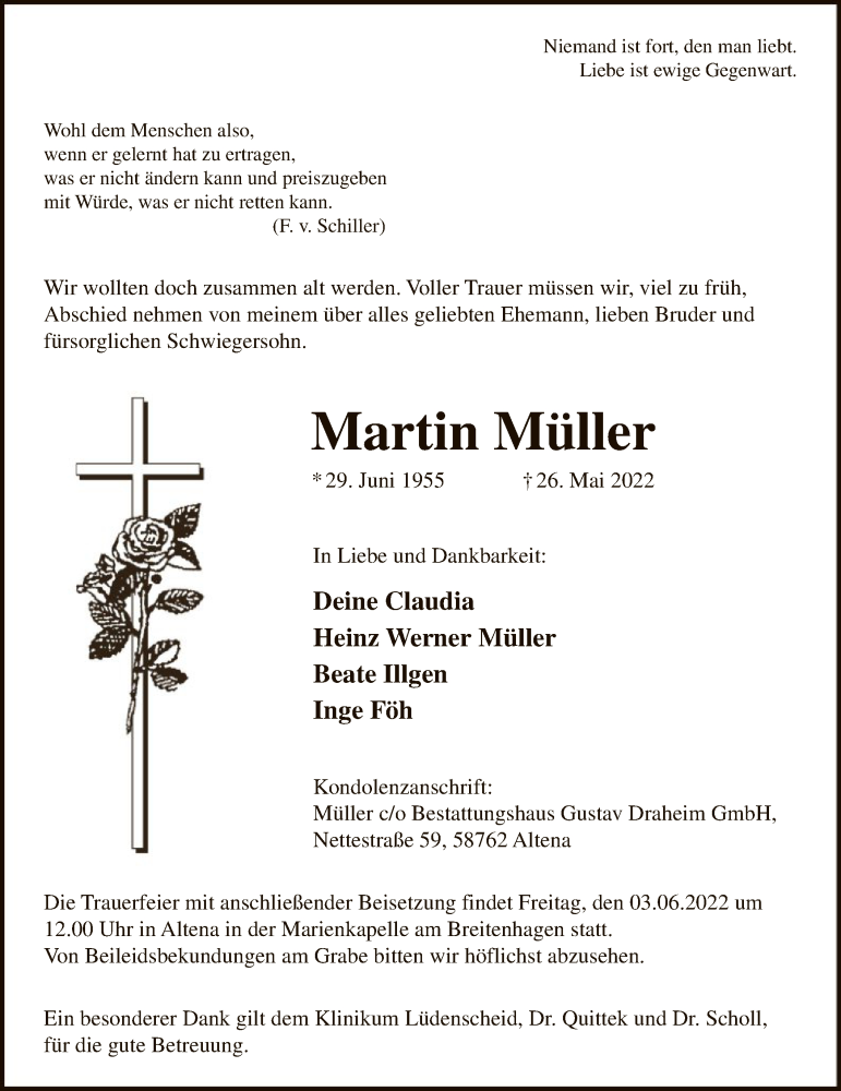  Traueranzeige für Martin Müller vom 31.05.2022 aus WA