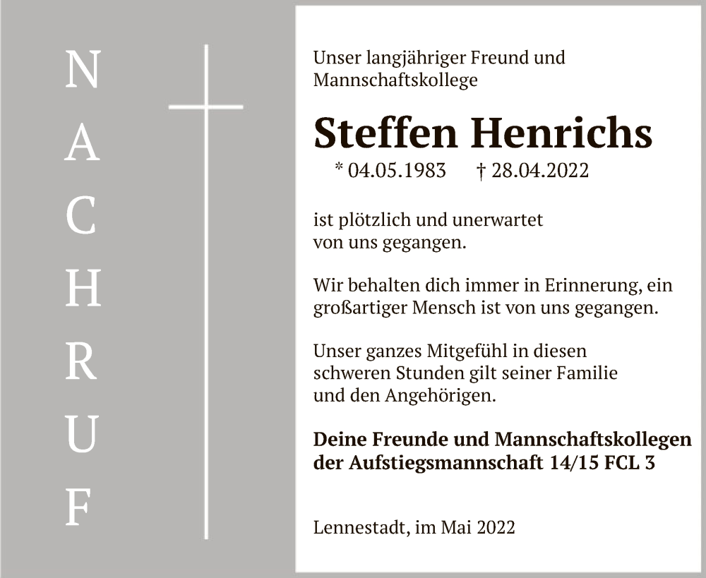 Traueranzeige für Steffen Henrichs vom 07.05.2022 aus WA