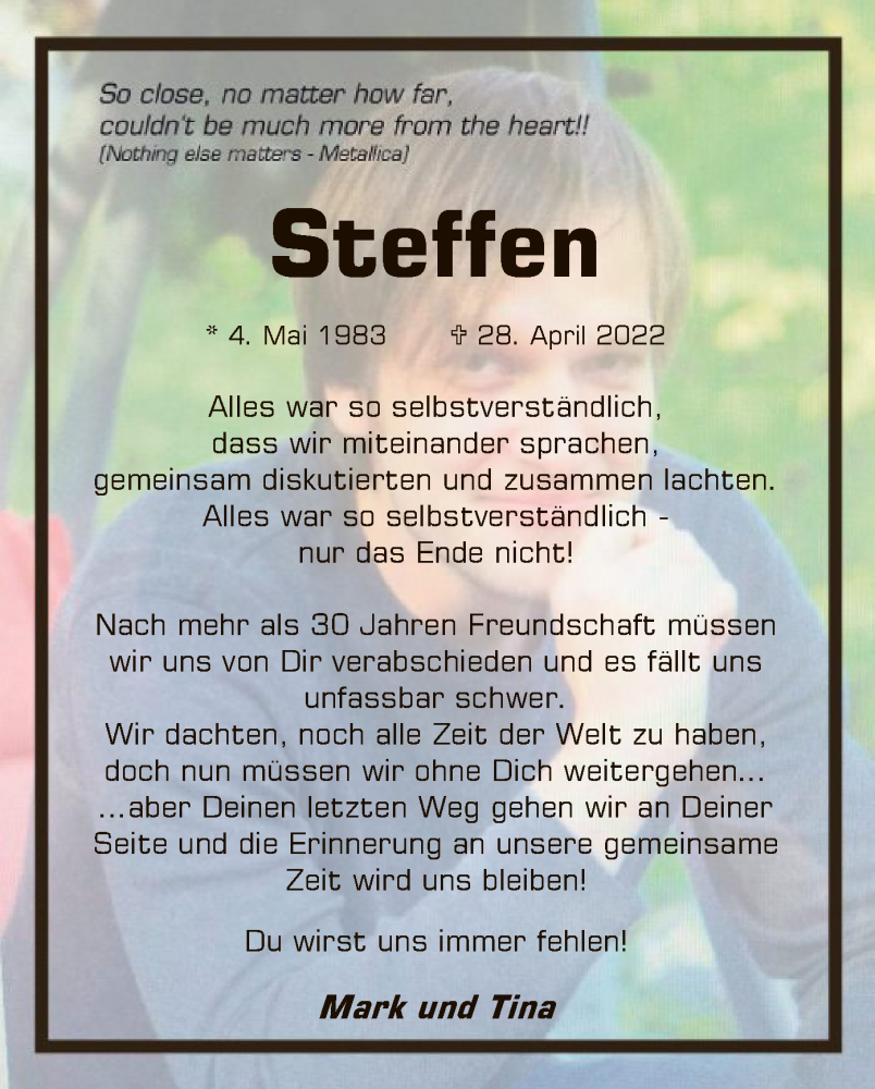  Traueranzeige für Steffen Henrichs vom 07.05.2022 aus WA
