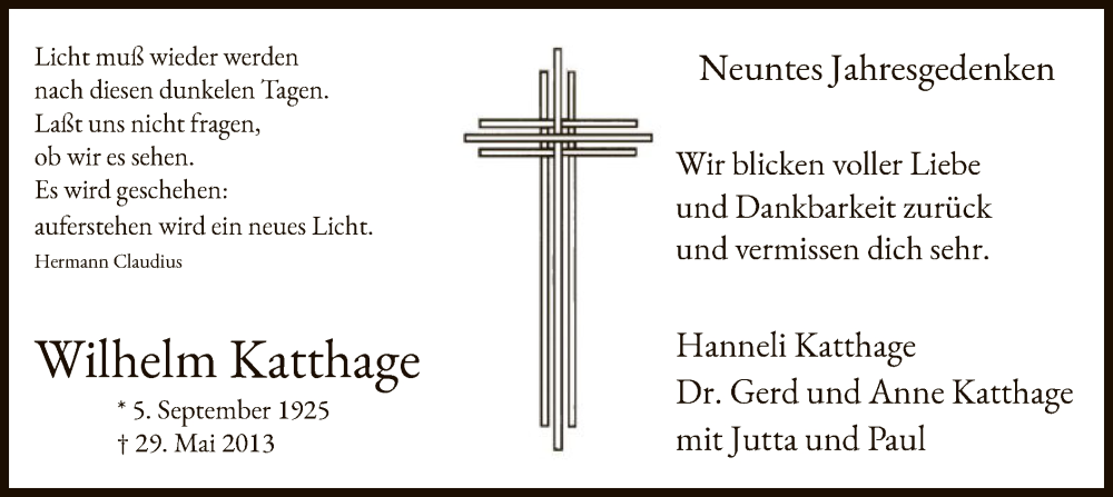  Traueranzeige für Wilhelm Katthage vom 28.05.2022 aus WA