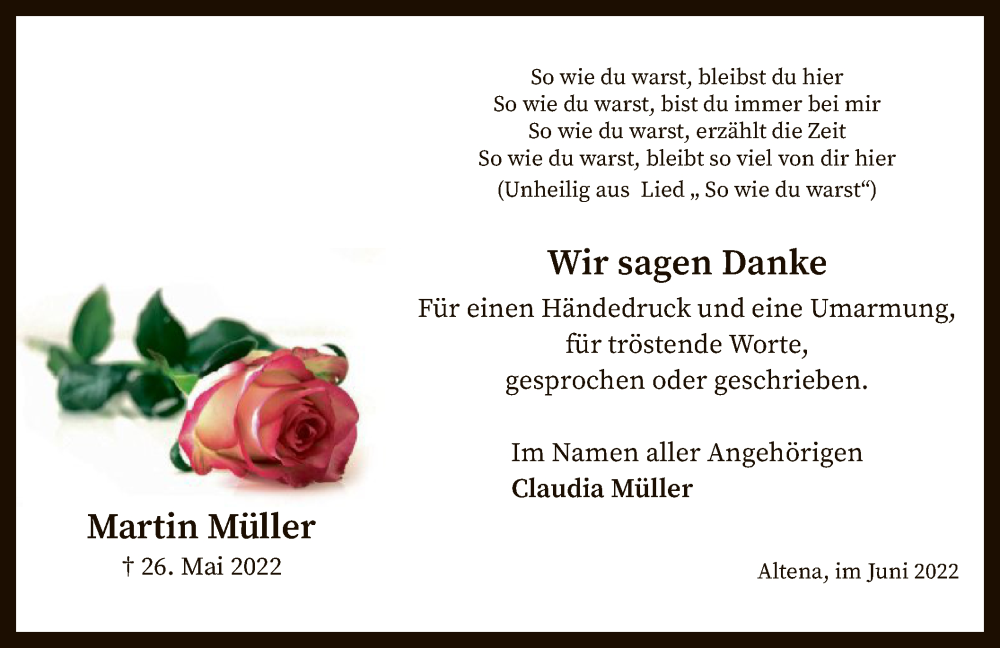  Traueranzeige für Martin Müller vom 17.06.2022 aus WA