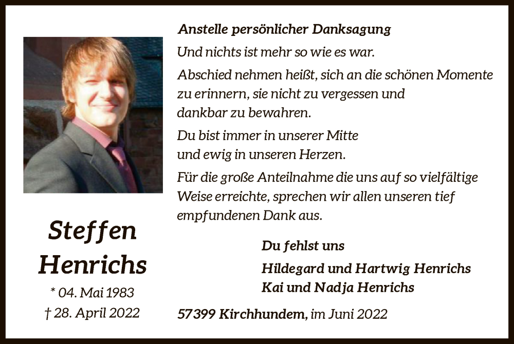  Traueranzeige für Steffen Henrichs vom 11.06.2022 aus WA