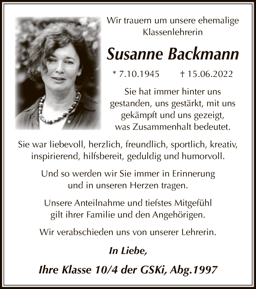  Traueranzeige für Susanne Backmann vom 25.06.2022 aus WA