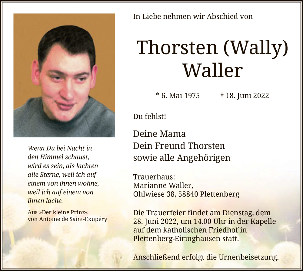  Traueranzeige für Thorsten Waller vom 22.06.2022 aus WA