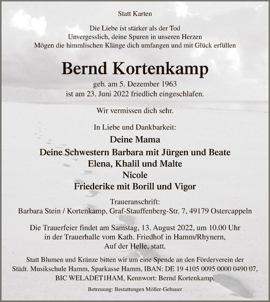  Traueranzeige für Bernd Kortenkamp vom 02.07.2022 aus WA