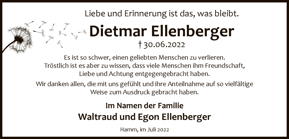  Traueranzeige für Dietmar Ellenberger vom 30.07.2022 aus WA