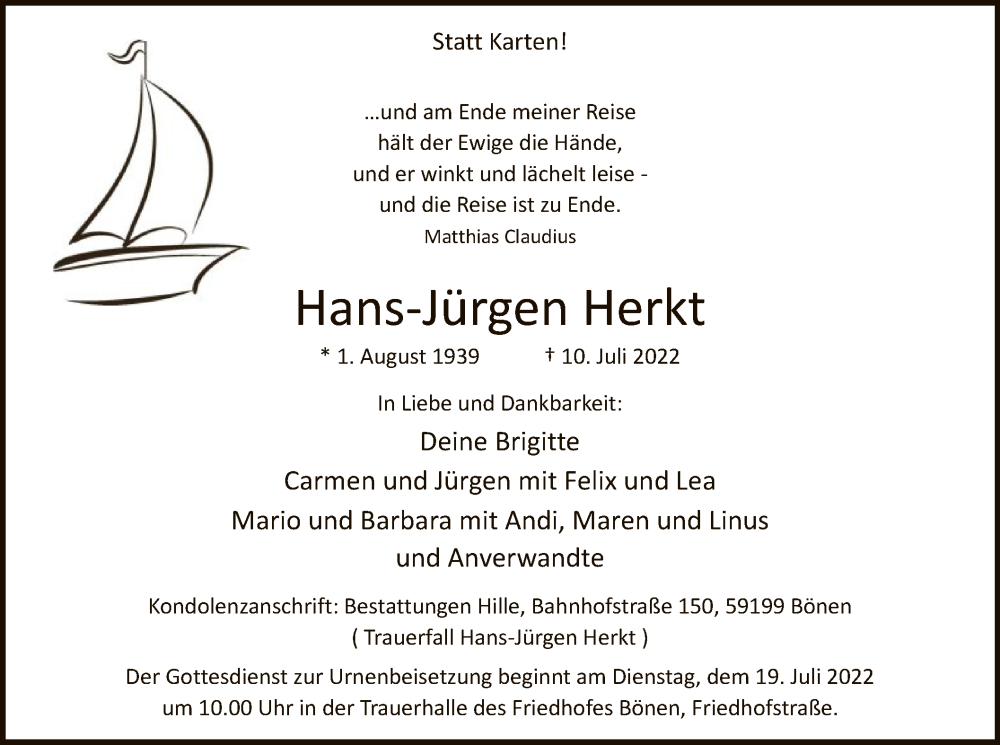  Traueranzeige für Hans-Jürgen Herkt vom 16.07.2022 aus WA