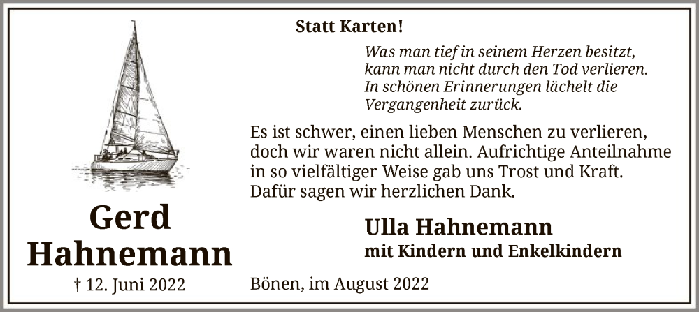  Traueranzeige für Gerd Hahnemann vom 13.08.2022 aus WA