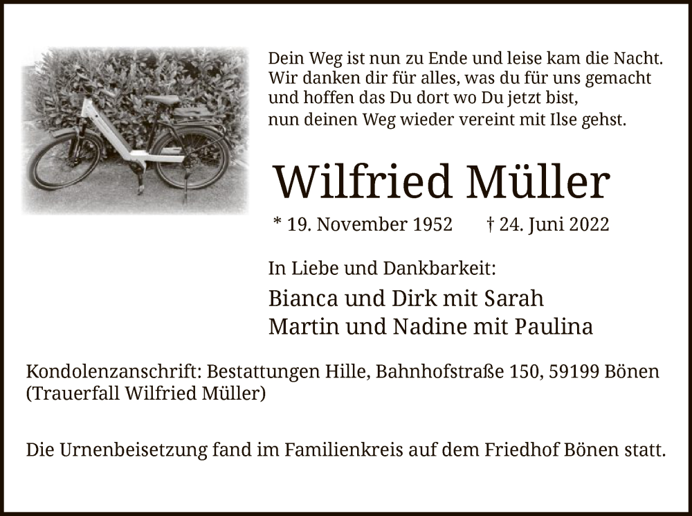  Traueranzeige für Wilfried Müller vom 06.08.2022 aus WA