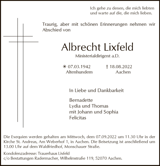 Traueranzeige von Albrecht Lixfeld von WA