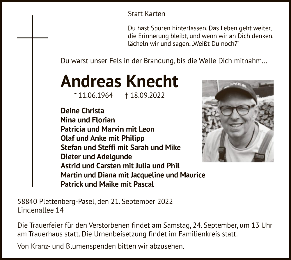  Traueranzeige für Andreas Knecht vom 21.09.2022 aus WA