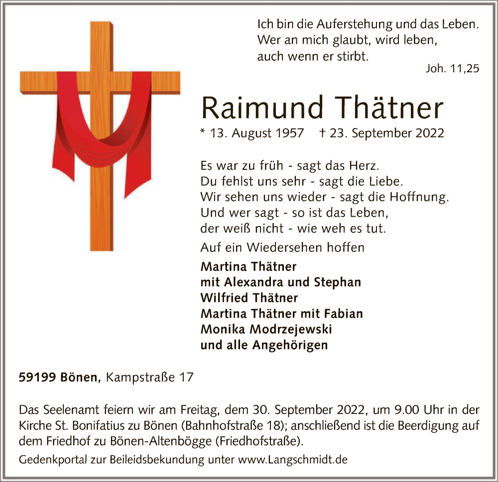  Traueranzeige für Raimund Thätner vom 27.09.2022 aus WA