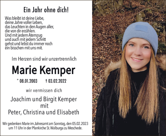 Traueranzeige von Marie Kemper von WA