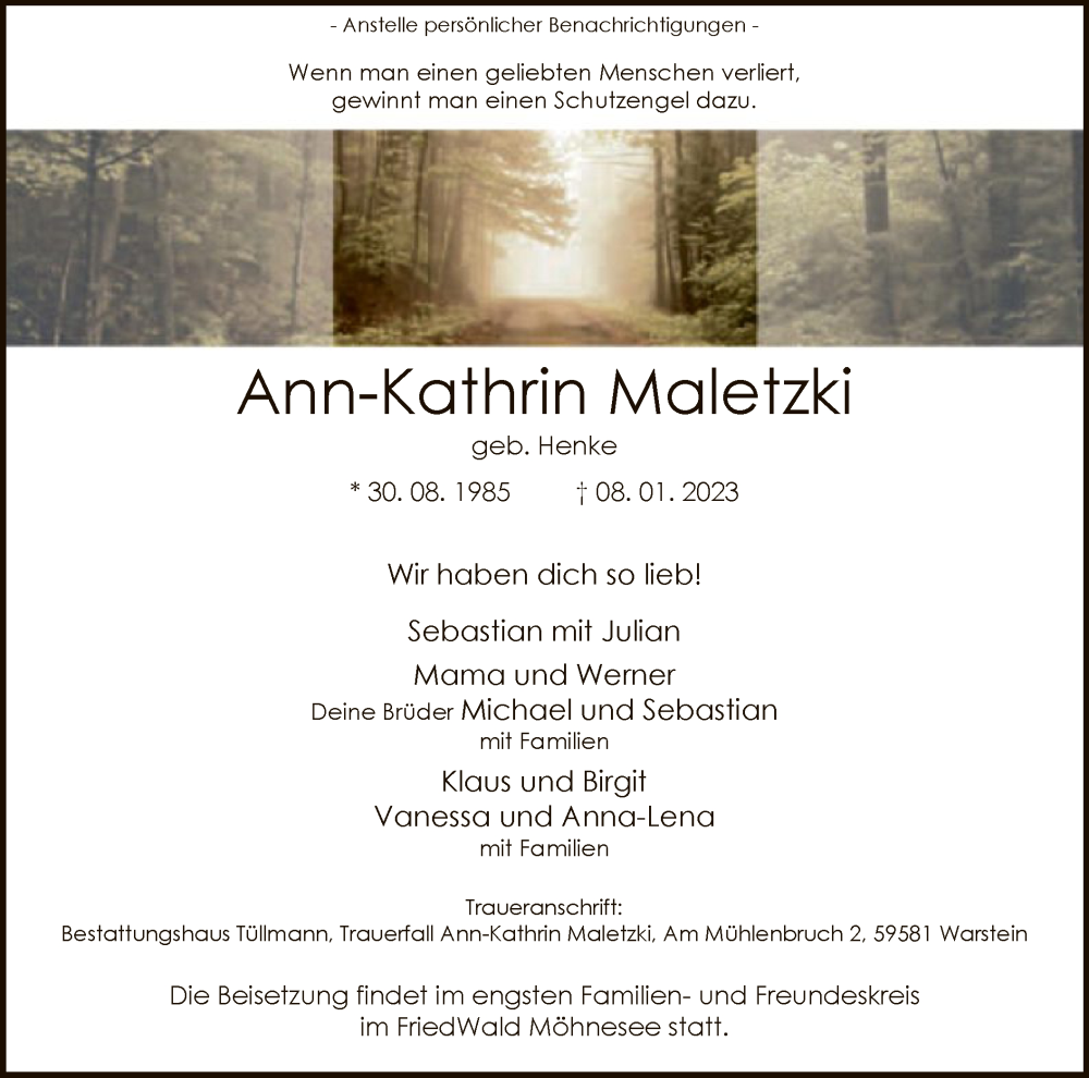  Traueranzeige für Ann-Kathrin Maletzki vom 13.01.2023 aus WA