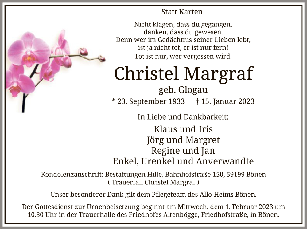  Traueranzeige für Christel Margraf vom 28.01.2023 aus WA