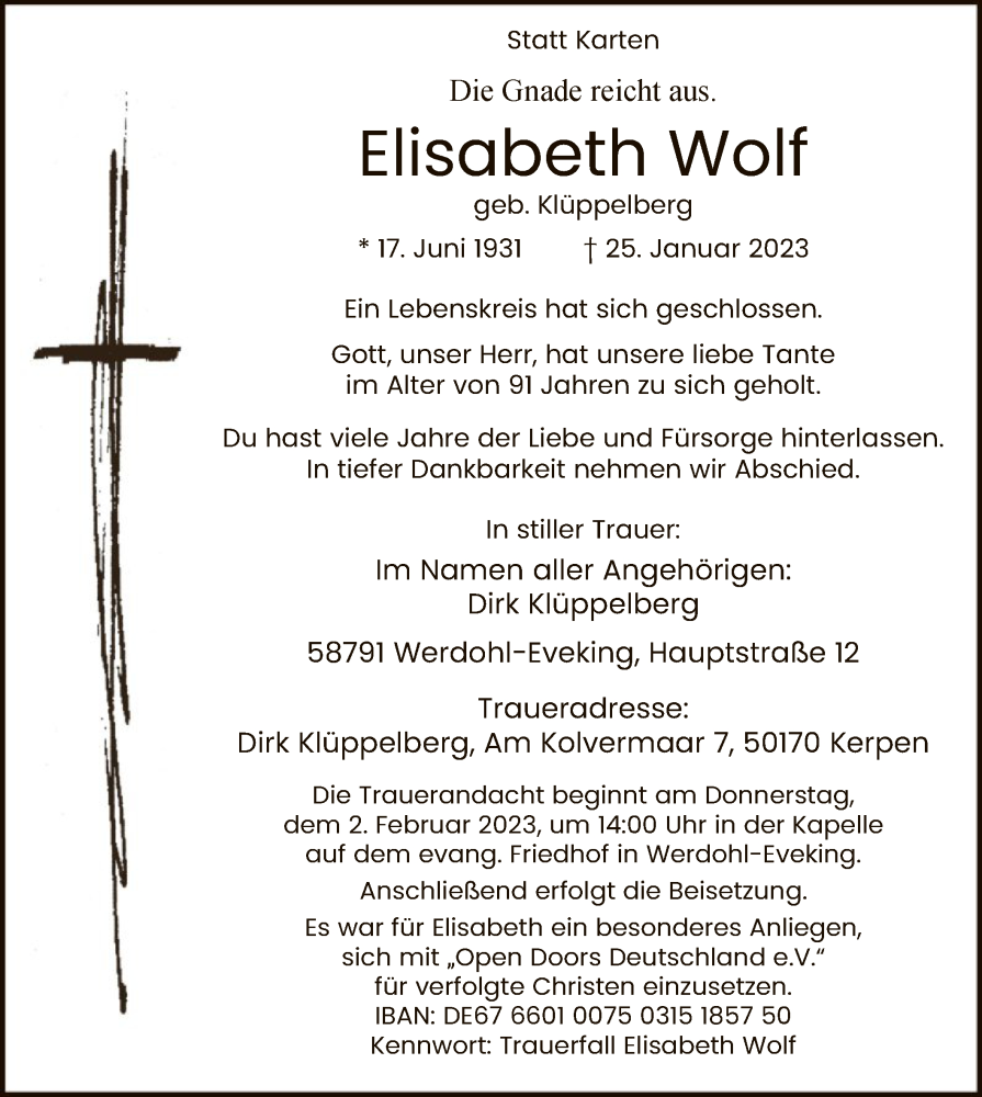 Traueranzeige für Elisabeth Wolf vom 31.01.2023 aus WA