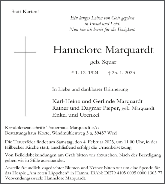 Traueranzeige von Hannelore Marquardt von WA