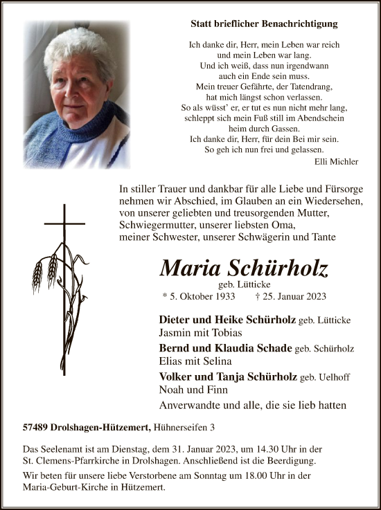 Traueranzeige von Maria Schürholz von WA