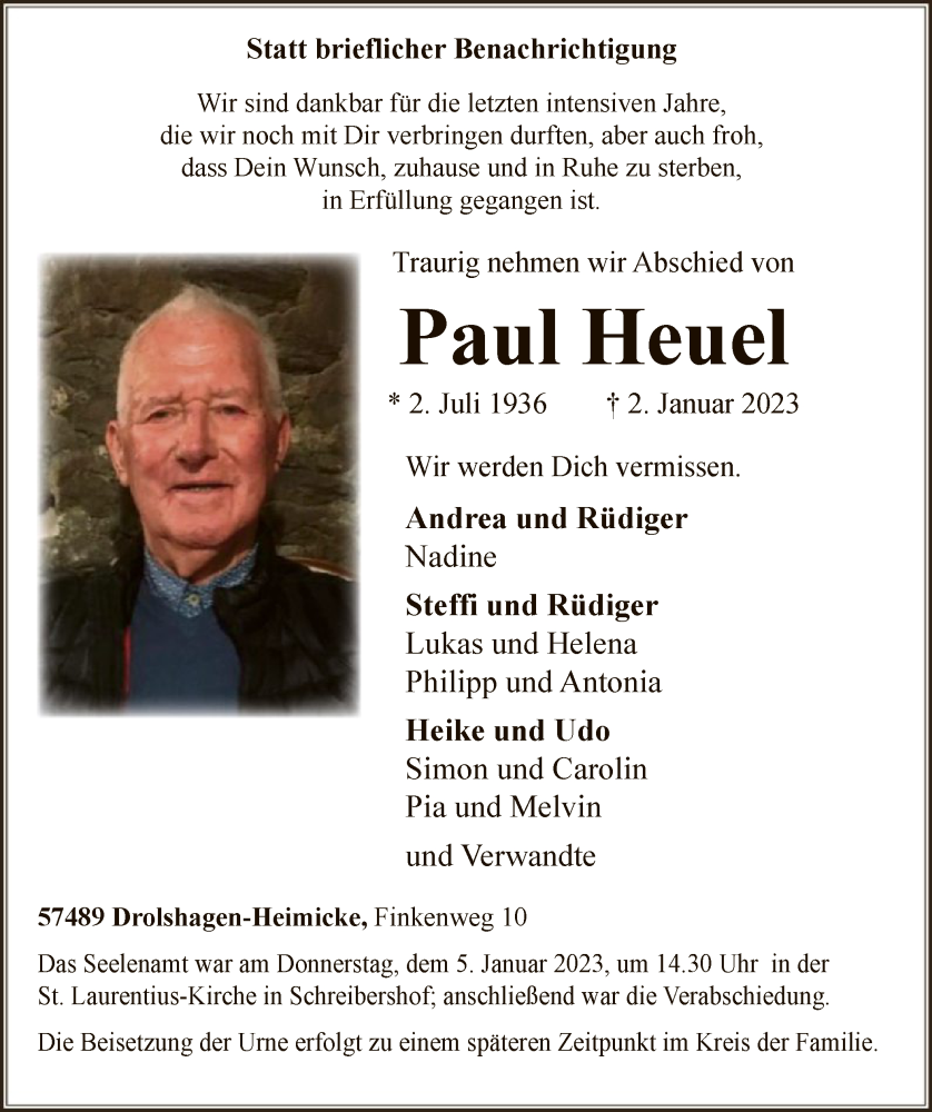  Traueranzeige für Paul Heuel vom 07.01.2023 aus WA