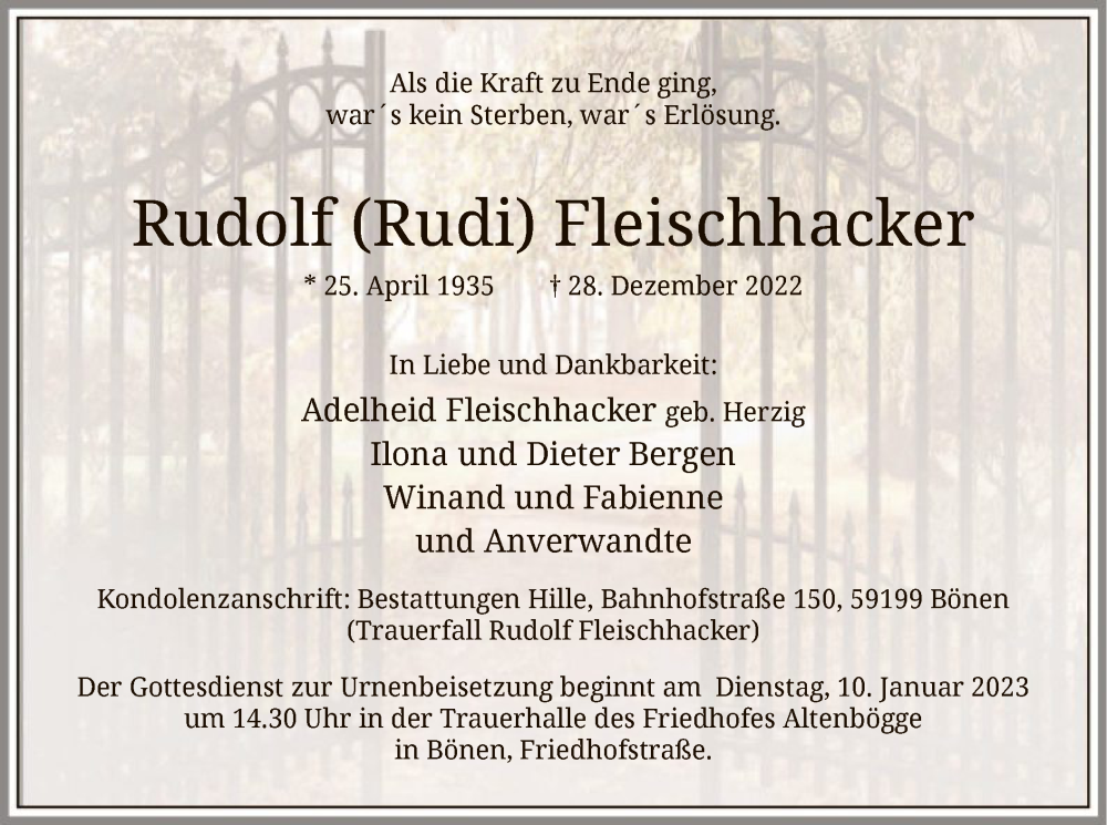  Traueranzeige für Rudolf Fleischhacker vom 04.01.2023 aus WA