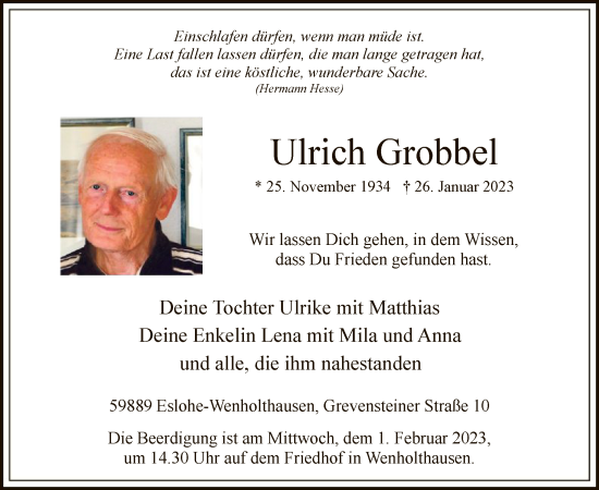 Traueranzeige von Ulrich Grobbel von WA