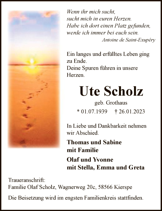 Traueranzeige von Ute Scholz von WA