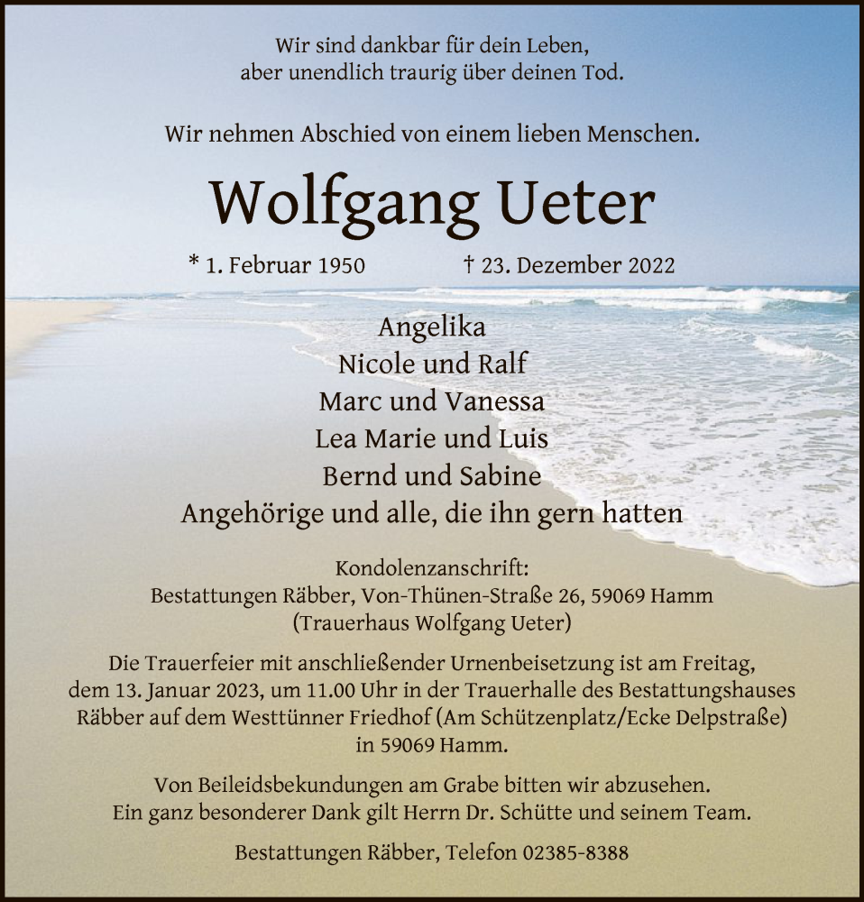  Traueranzeige für Wolfgang Ueter vom 07.01.2023 aus WA