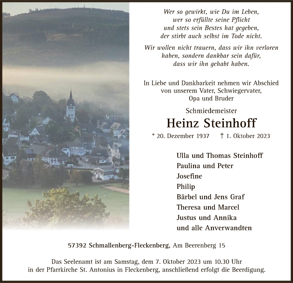  Traueranzeige für Heinz Steinhoff vom 07.10.2023 aus WA