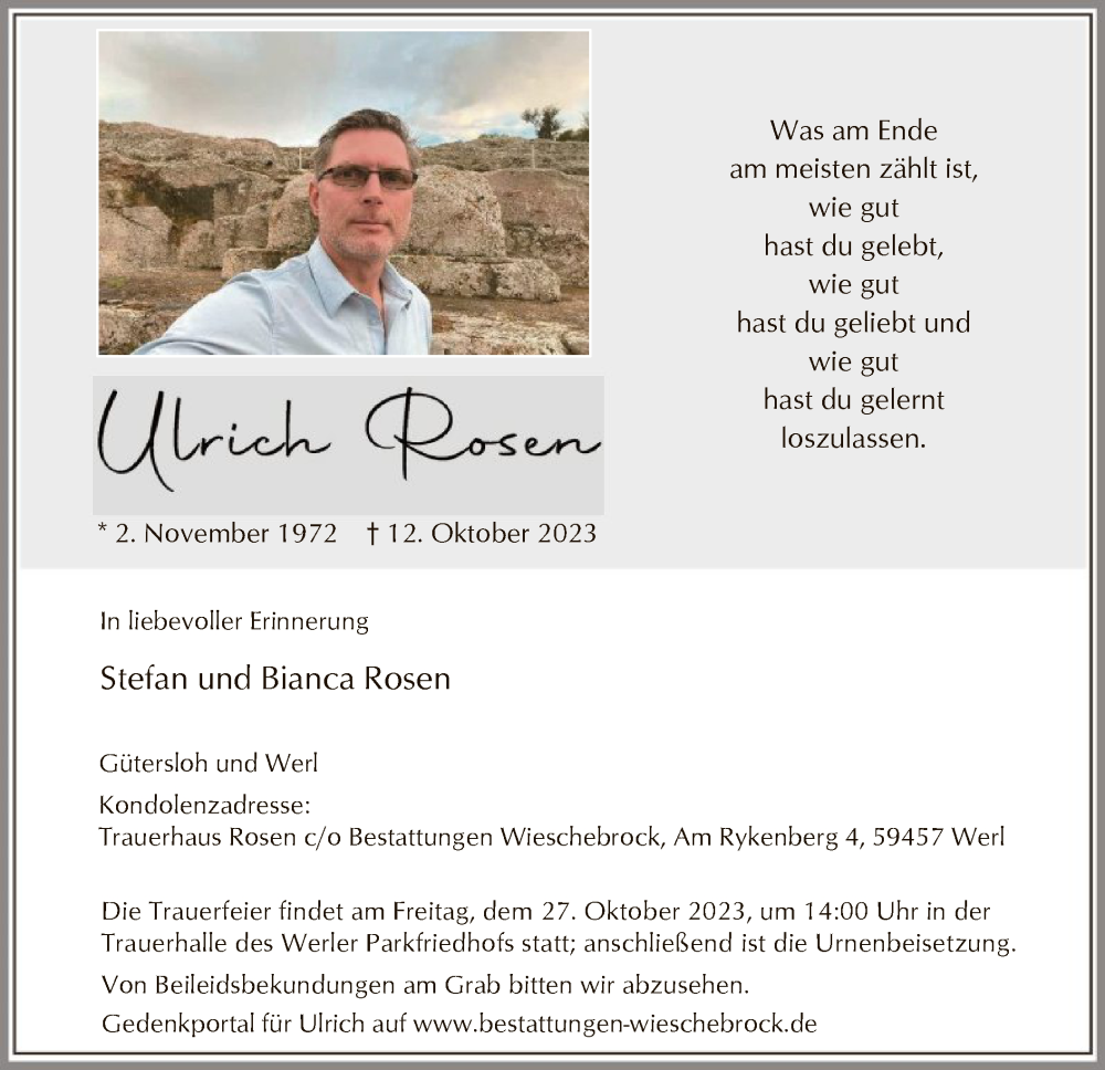  Traueranzeige für Ulrich Rosen vom 21.10.2023 aus WA