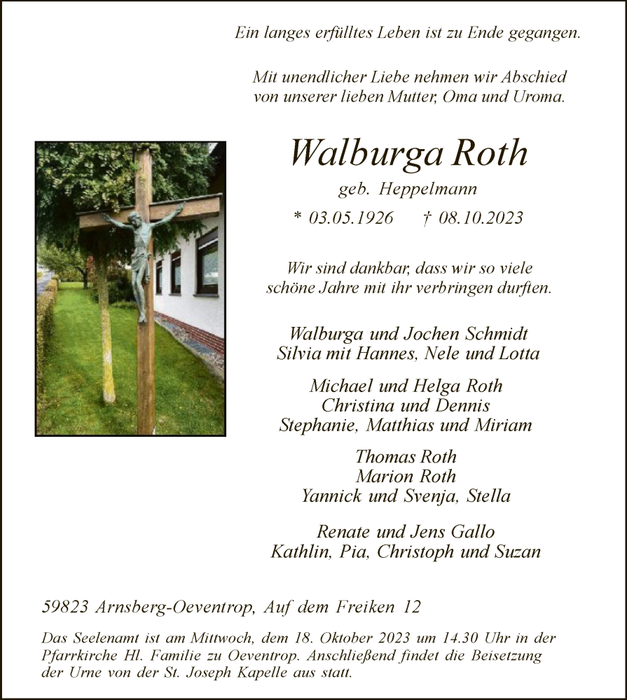  Traueranzeige für Walburga Roth vom 14.10.2023 aus WA