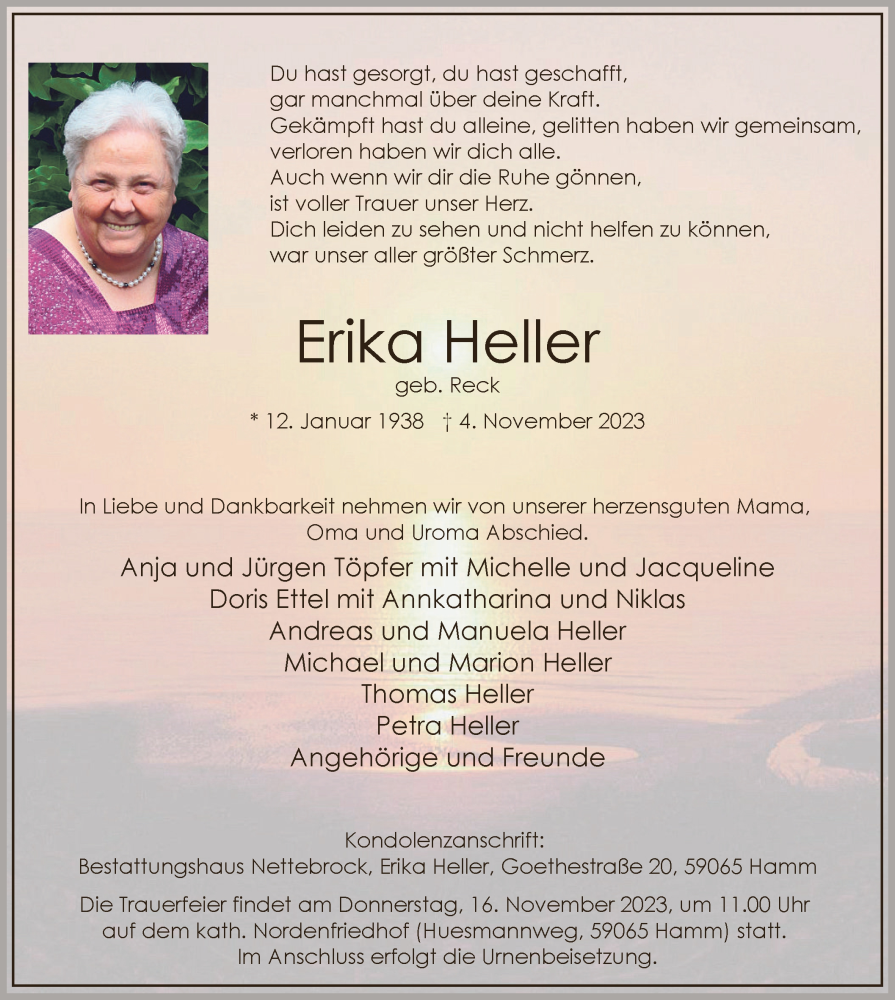  Traueranzeige für Erika Heller vom 13.11.2023 aus WA