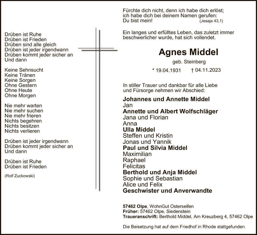  Traueranzeige für Agnes Middel vom 11.11.2023 aus WA