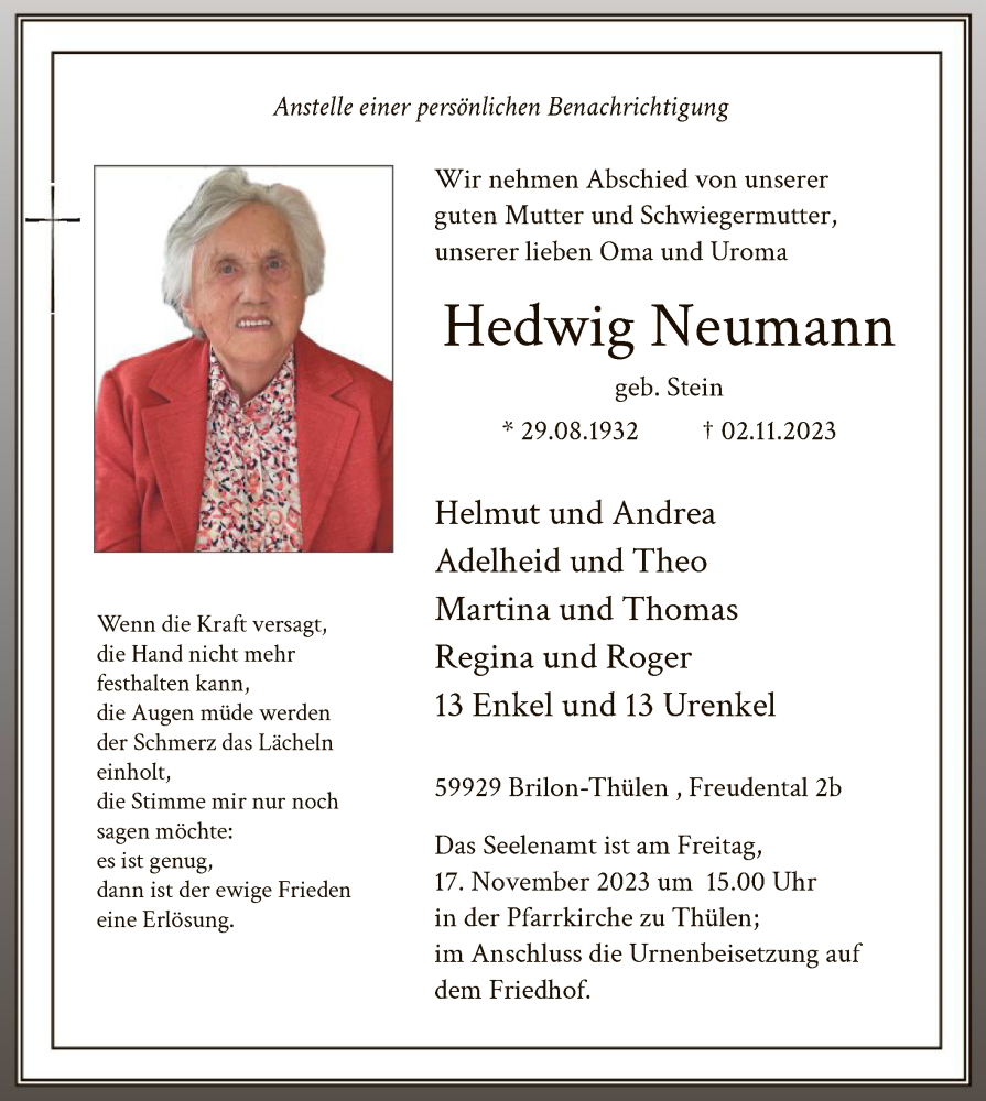  Traueranzeige für Hedwig Neumann vom 11.11.2023 aus WA