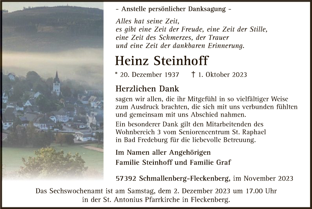  Traueranzeige für Heinz Steinhoff vom 25.11.2023 aus WA