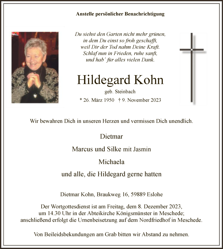  Traueranzeige für Hildegard Kohn vom 25.11.2023 aus WA