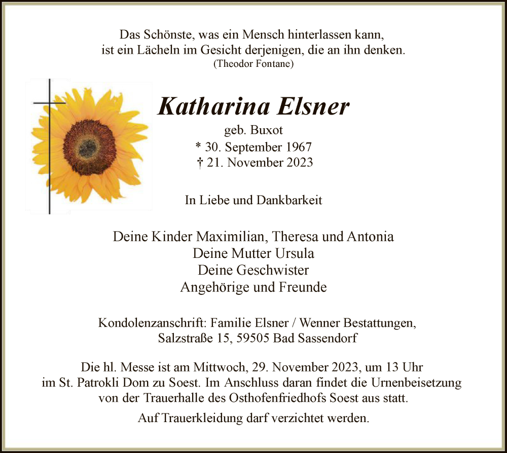  Traueranzeige für Katharina Elsner vom 25.11.2023 aus WA