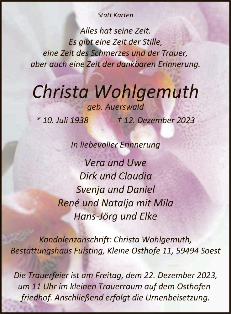  Traueranzeige für Christa Wohlgemuth vom 19.12.2023 aus WAWA