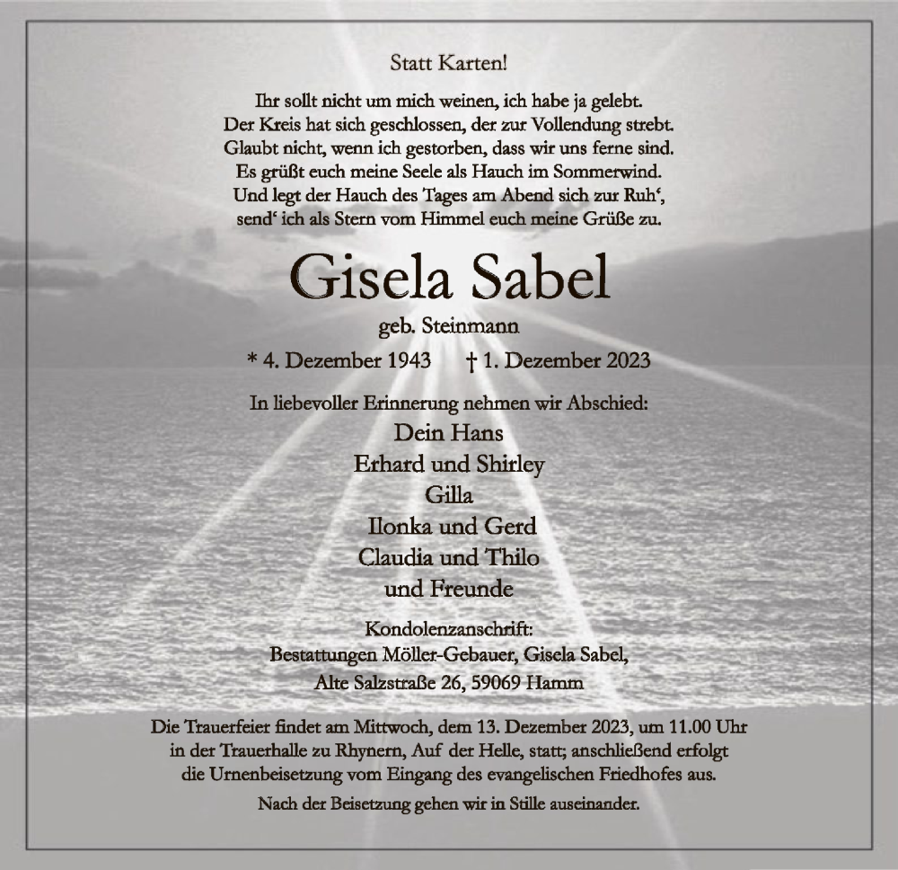  Traueranzeige für Gisela Sabel vom 09.12.2023 aus WA
