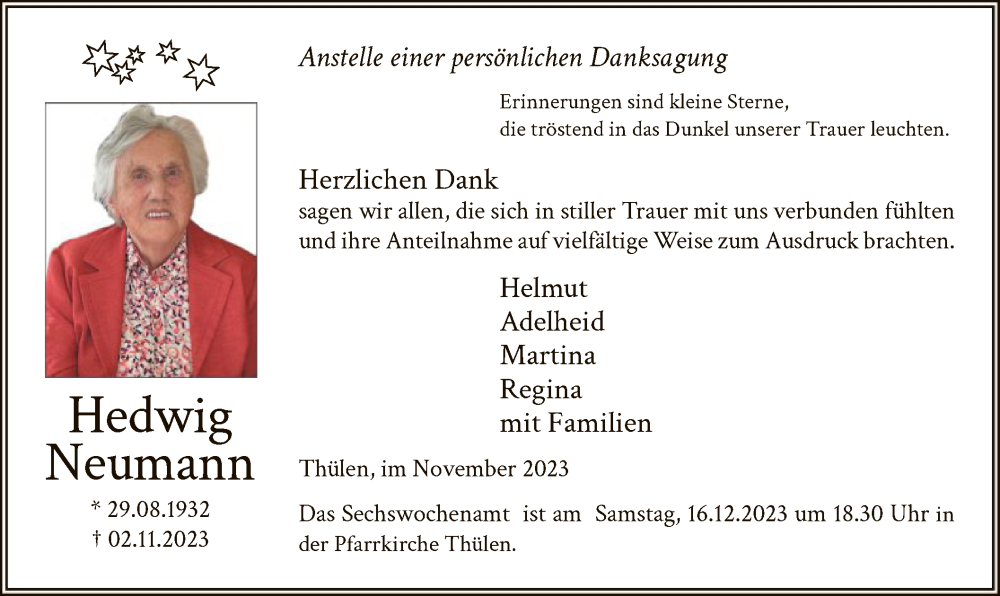  Traueranzeige für Hedwig Neumann vom 09.12.2023 aus WA
