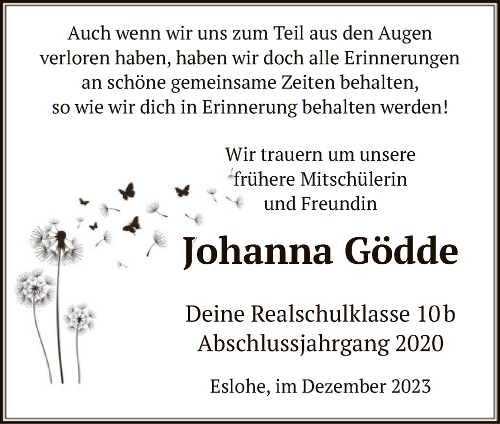  Traueranzeige für Johanna Gödde vom 23.12.2023 aus WA