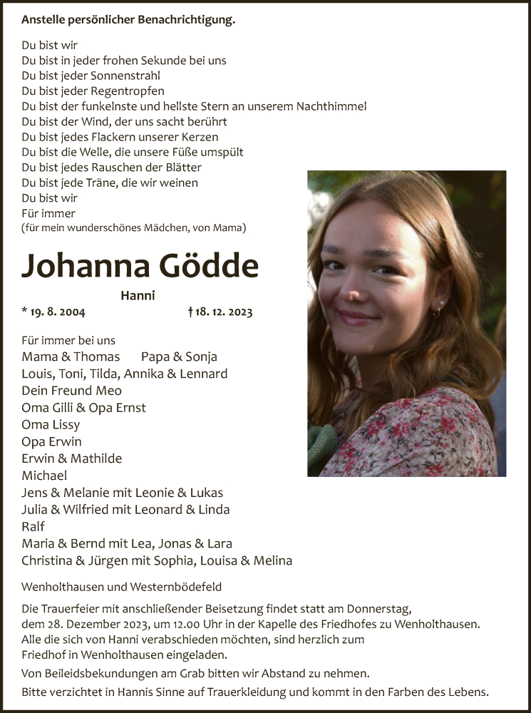  Traueranzeige für Johanna Gödde vom 23.12.2023 aus WA