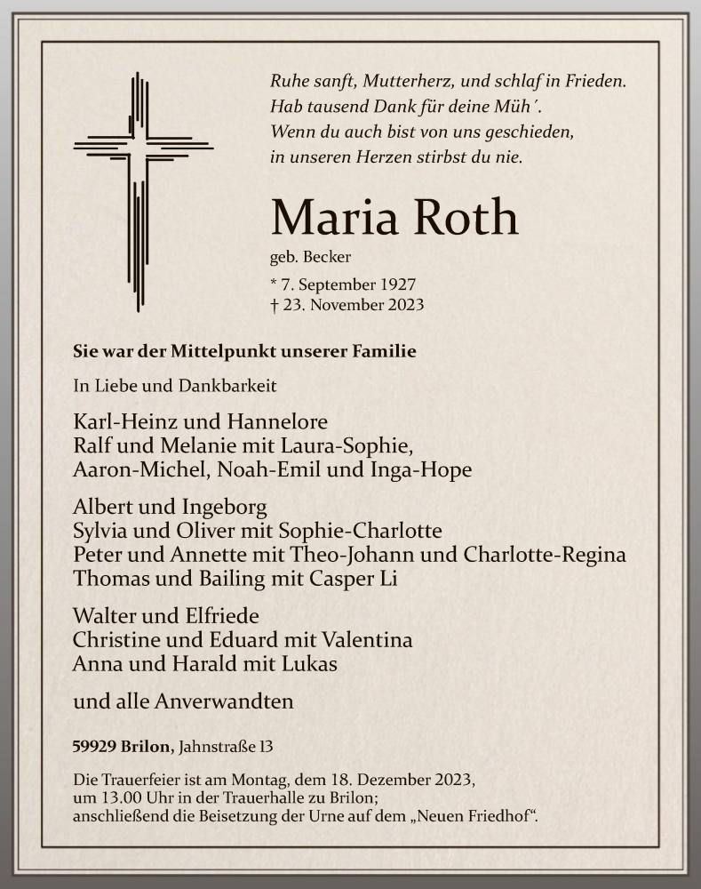 Traueranzeige für Maria Roth vom 09.12.2023 aus WA