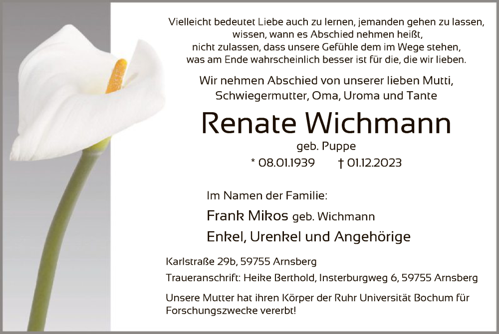  Traueranzeige für Renate Wichmann vom 09.12.2023 aus WA