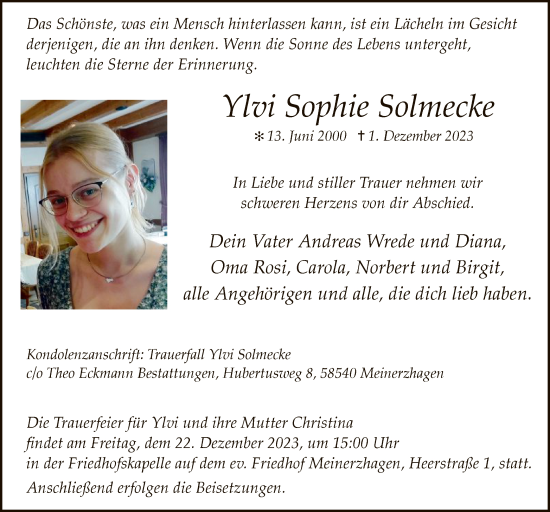Traueranzeige von Ylvi Sophie Solmecke von WA