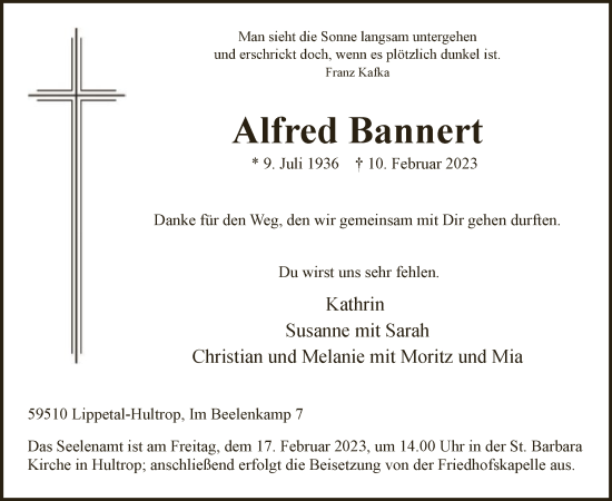 Traueranzeige von Alfred Bannert von WA